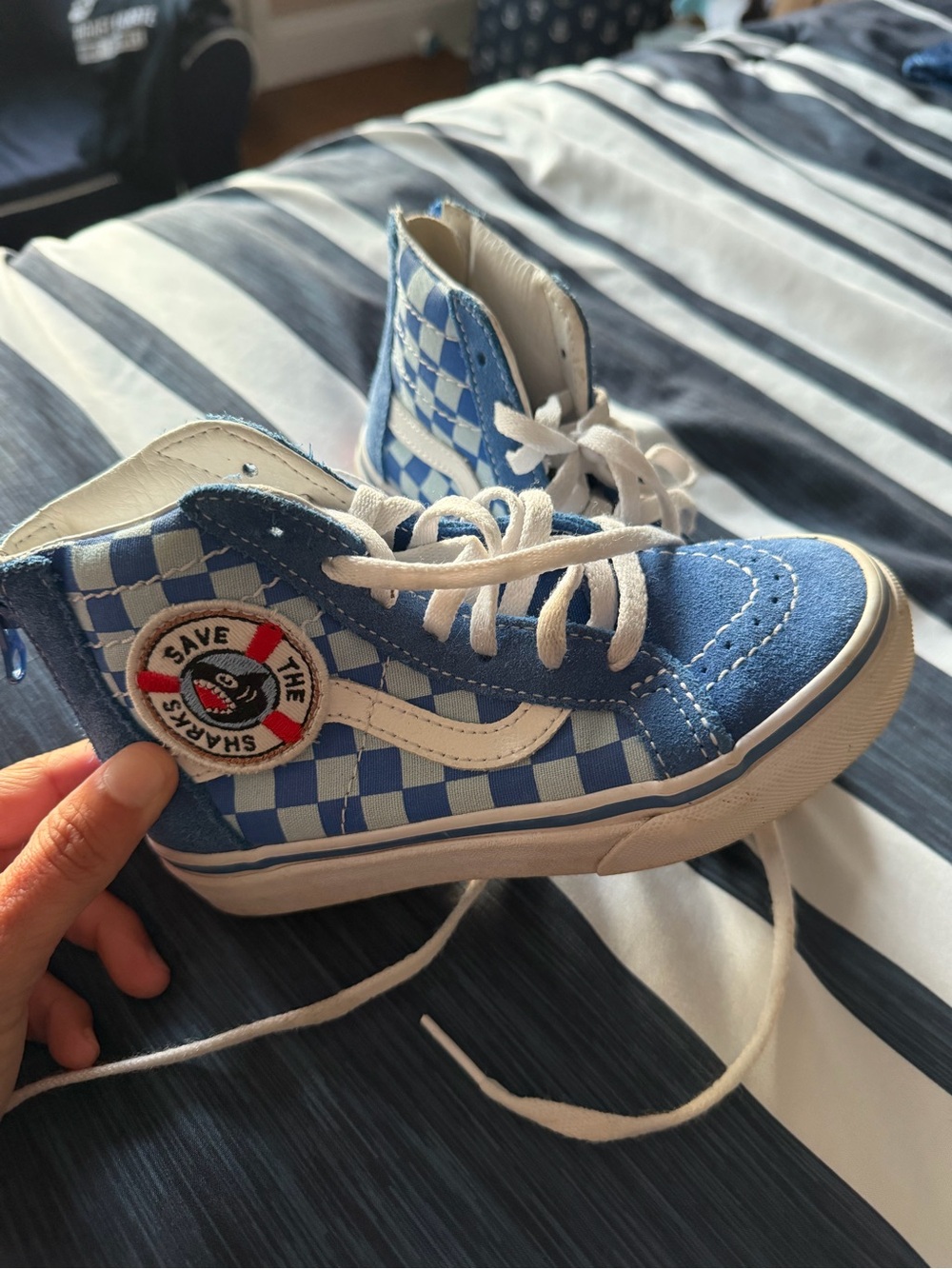 Vans Blue Check High-Top Kids Sneakers - Save The Sharks Patch Shark Week